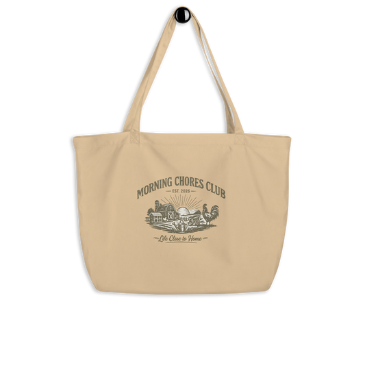 Shop the Morning Chores Club™ Large Market Tote, a farmhouse-inspired tote bag for farmers markets, garden days, egg gathering, homesteaders, and chicken keepers.