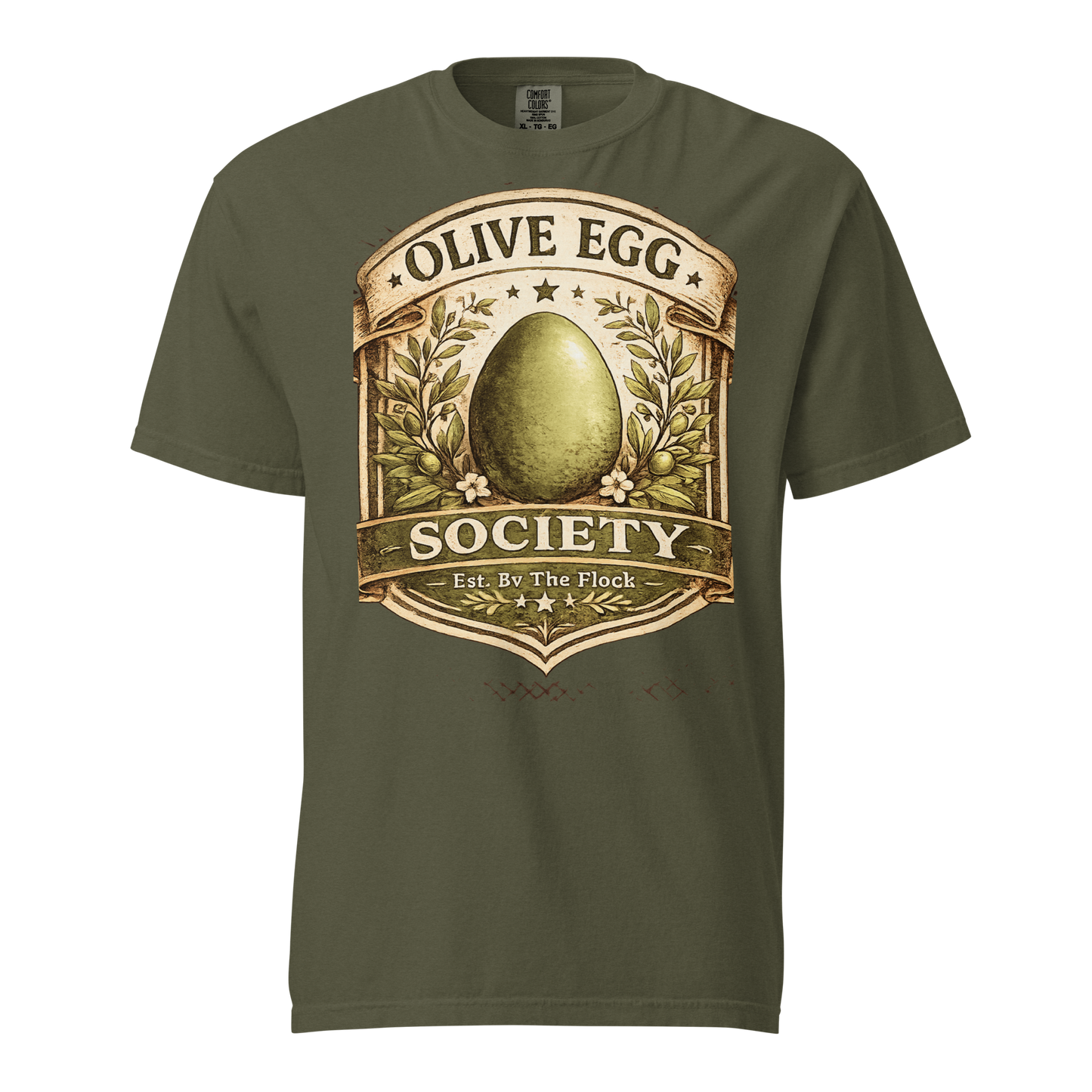 Olive Egger shirt featuring Olive Egg Society vintage artwork with olive green egg and farmhouse heritage design