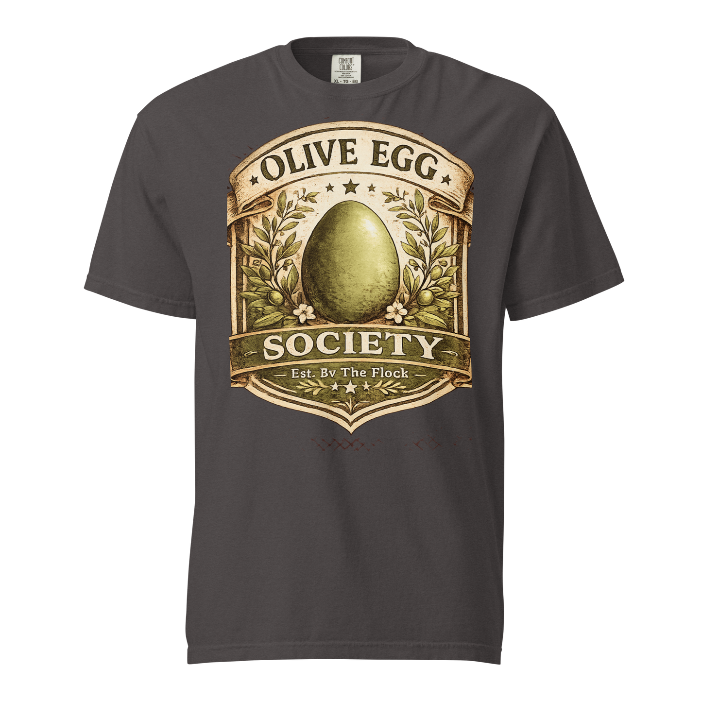 Olive Egger shirt featuring Olive Egg Society vintage artwork with olive green egg and farmhouse heritage design
