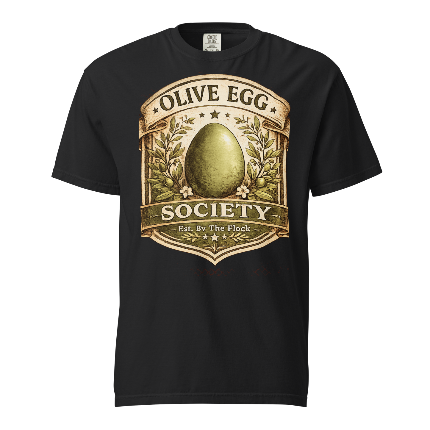 Olive Egger shirt featuring Olive Egg Society vintage artwork with olive green egg and farmhouse heritage design