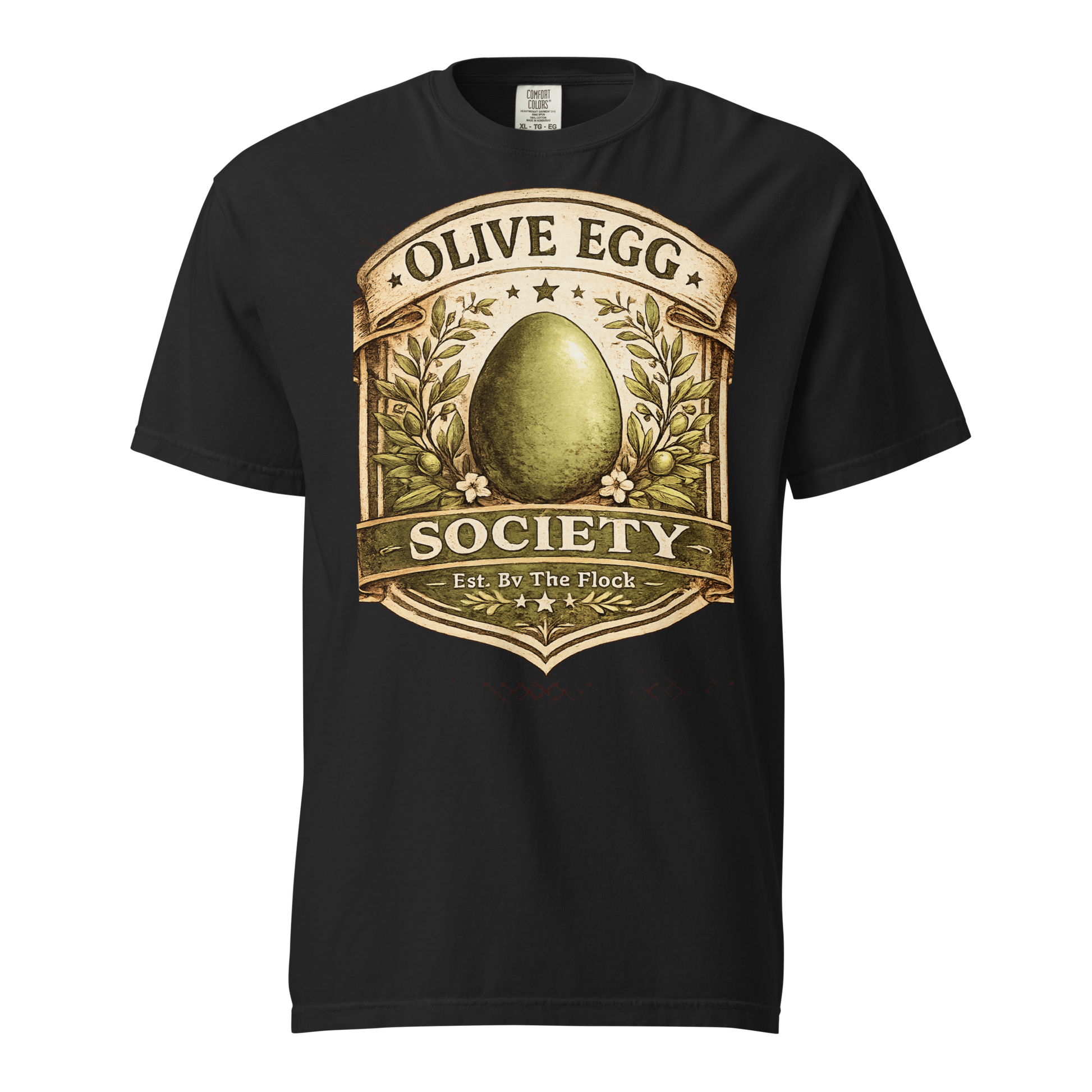 Olive Egger shirt featuring Olive Egg Society vintage artwork with olive green egg and farmhouse heritage design