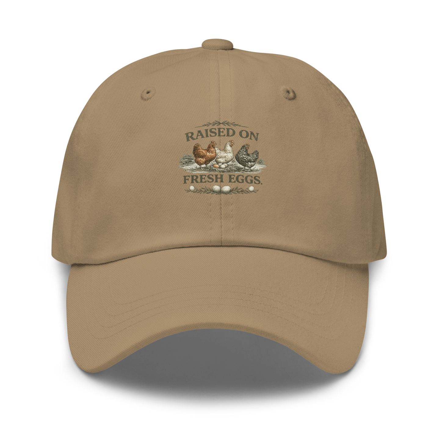 Premium Raised on Fresh Eggs™ hat for homesteaders, chicken keepers, and rural lifestyle enthusiasts. Farmhouse-inspired embroidered headwear built for life close to home.