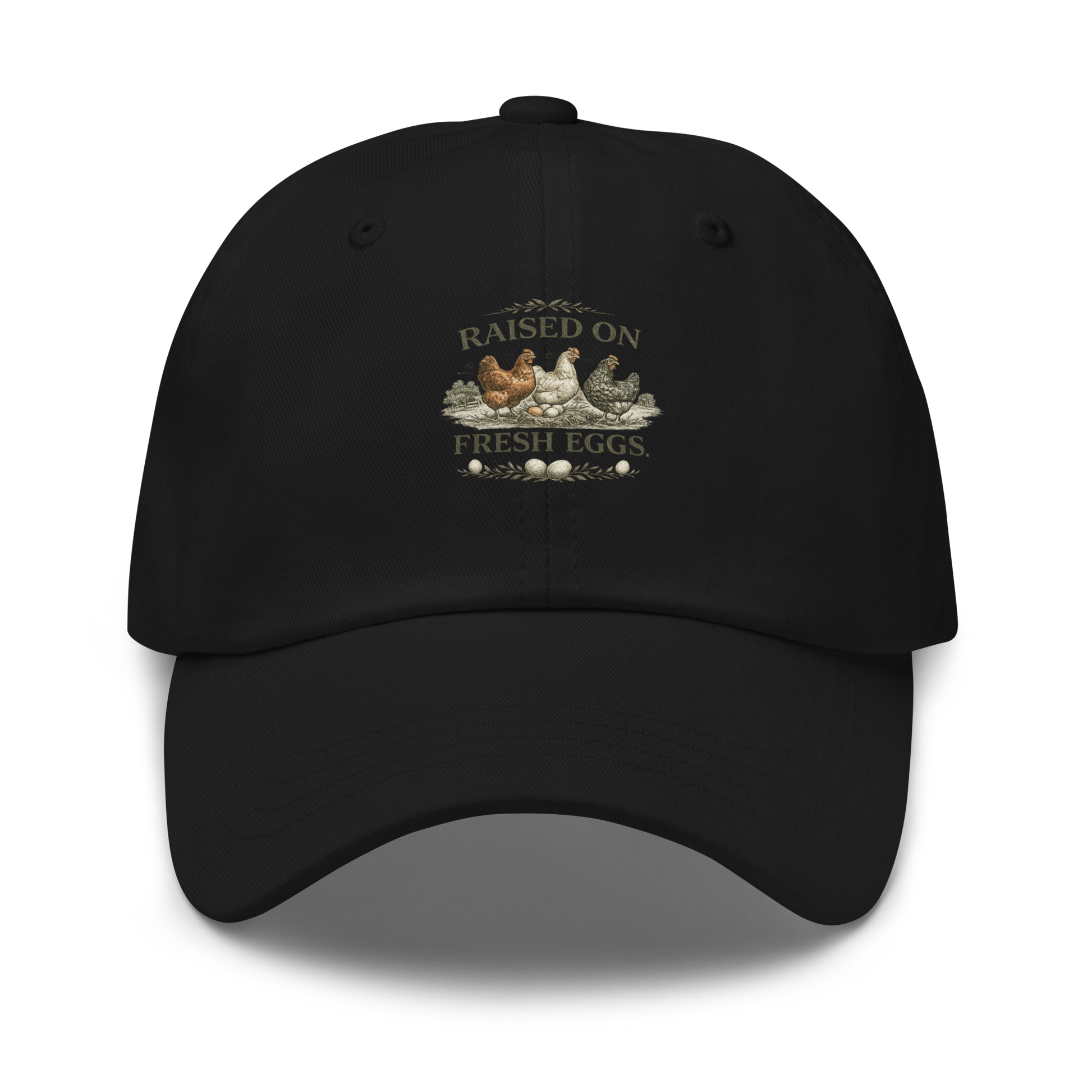 Premium Raised on Fresh Eggs™ hat for homesteaders, chicken keepers, and rural lifestyle enthusiasts. Farmhouse-inspired embroidered headwear built for life close to home.
