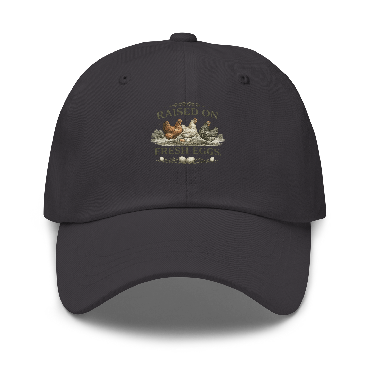 Premium Raised on Fresh Eggs™ hat for homesteaders, chicken keepers, and rural lifestyle enthusiasts. Farmhouse-inspired embroidered headwear built for life close to home.