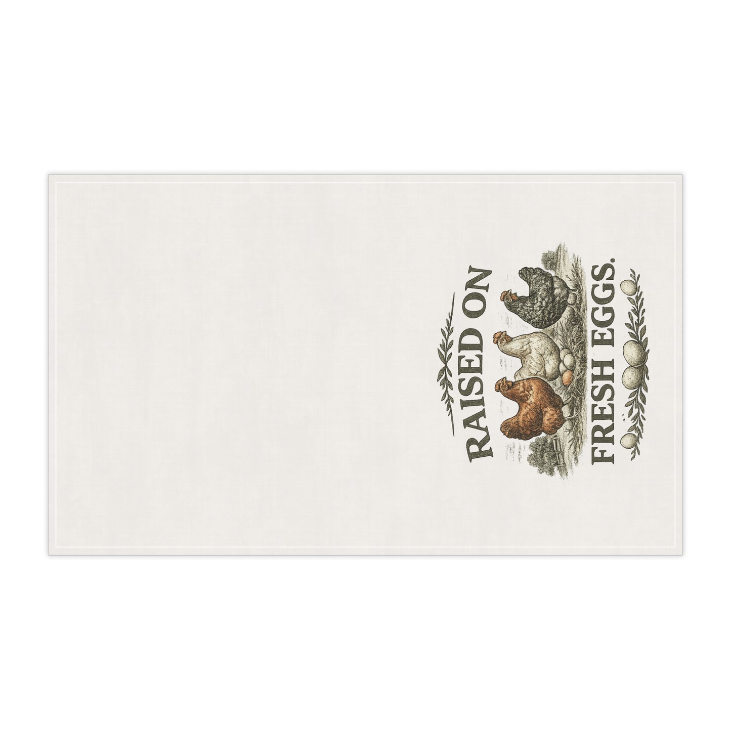Decorative placemat with 'Raised on Fresh Eggs' text and illustrations on a white background