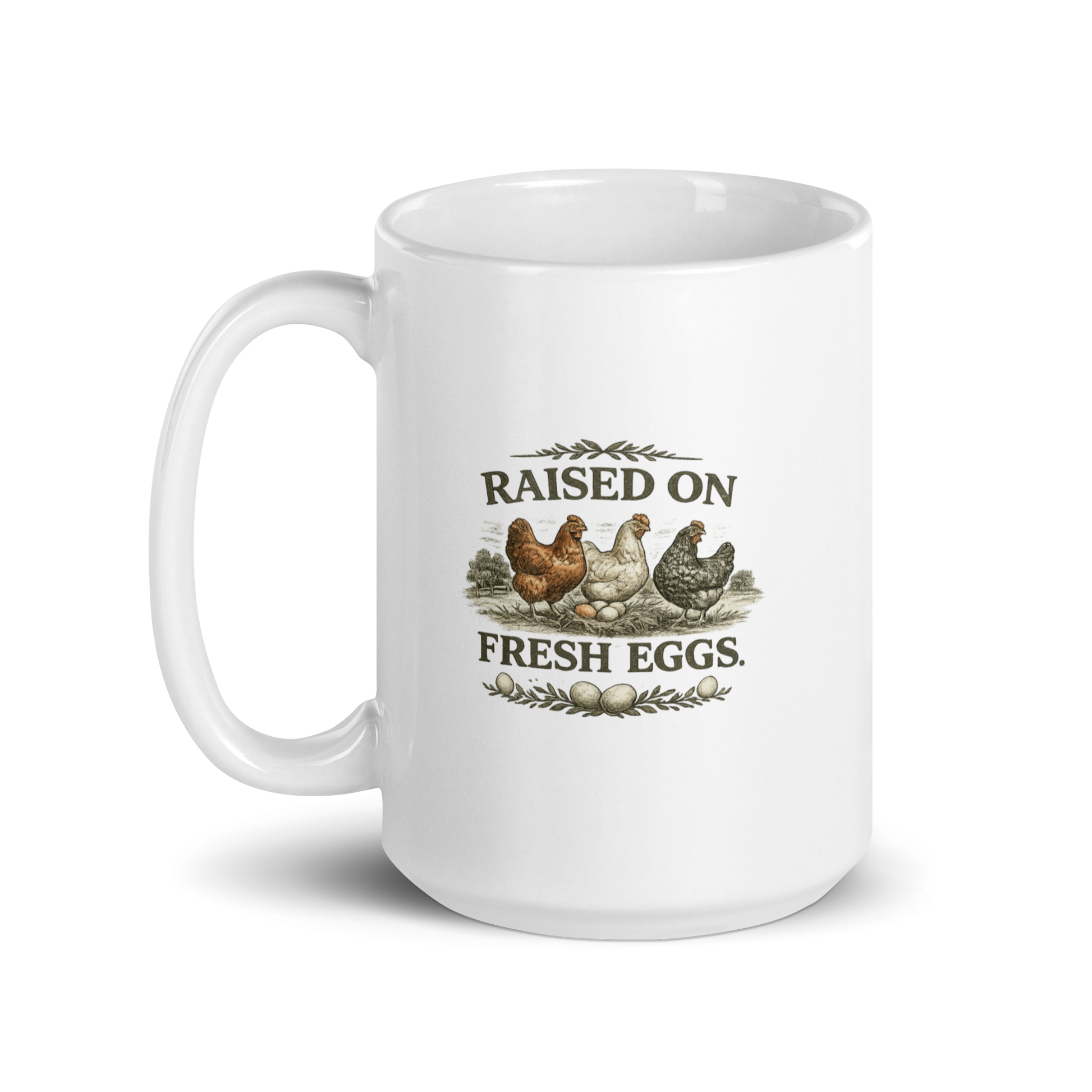 Raised on Fresh Eggs farmhouse coffee mug for backyard chicken keepers and homesteaders