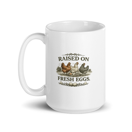 Raised on Fresh Eggs farmhouse coffee mug for backyard chicken keepers and homesteaders