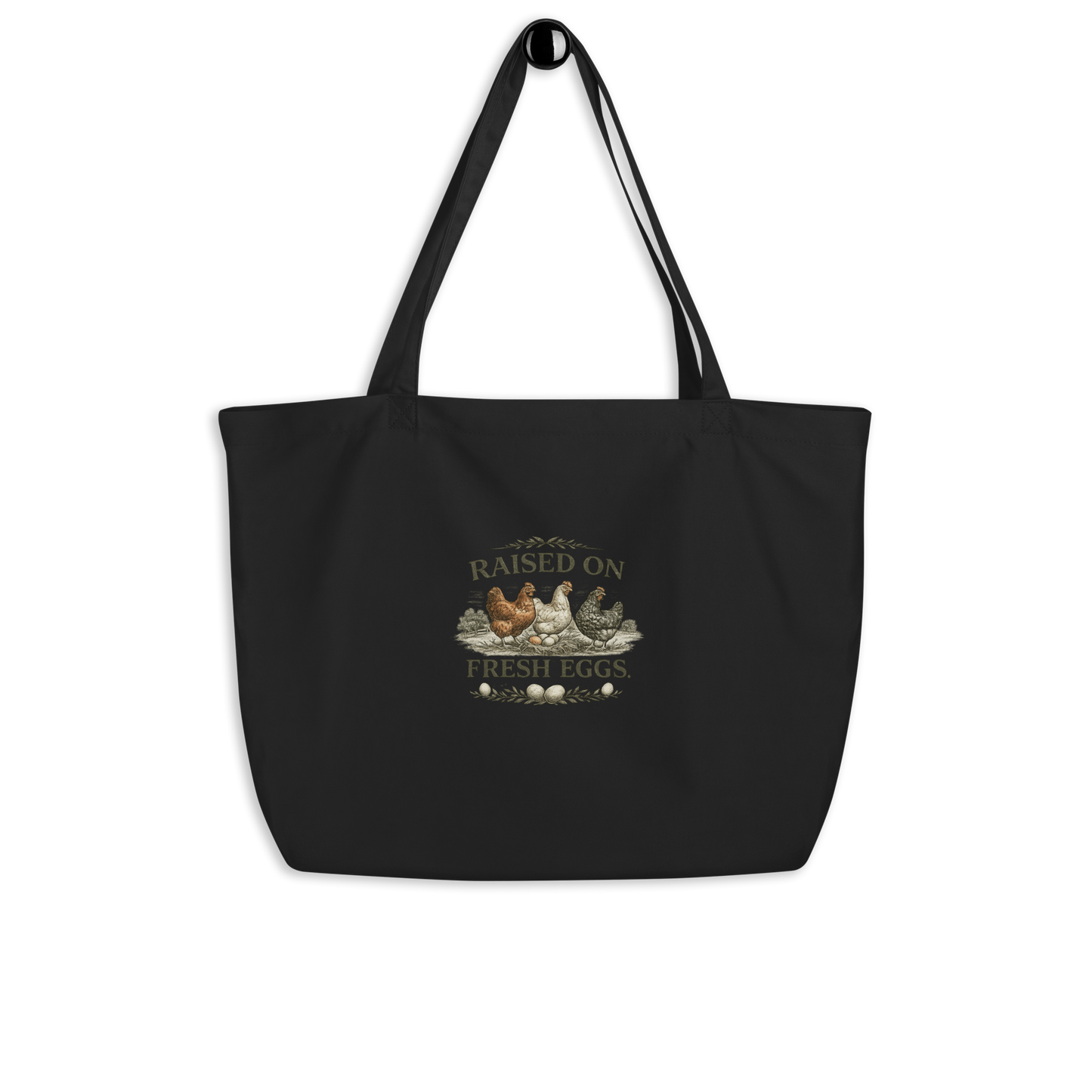 Raised on Fresh Eggs farmhouse market tote for chicken keepers and homesteaders