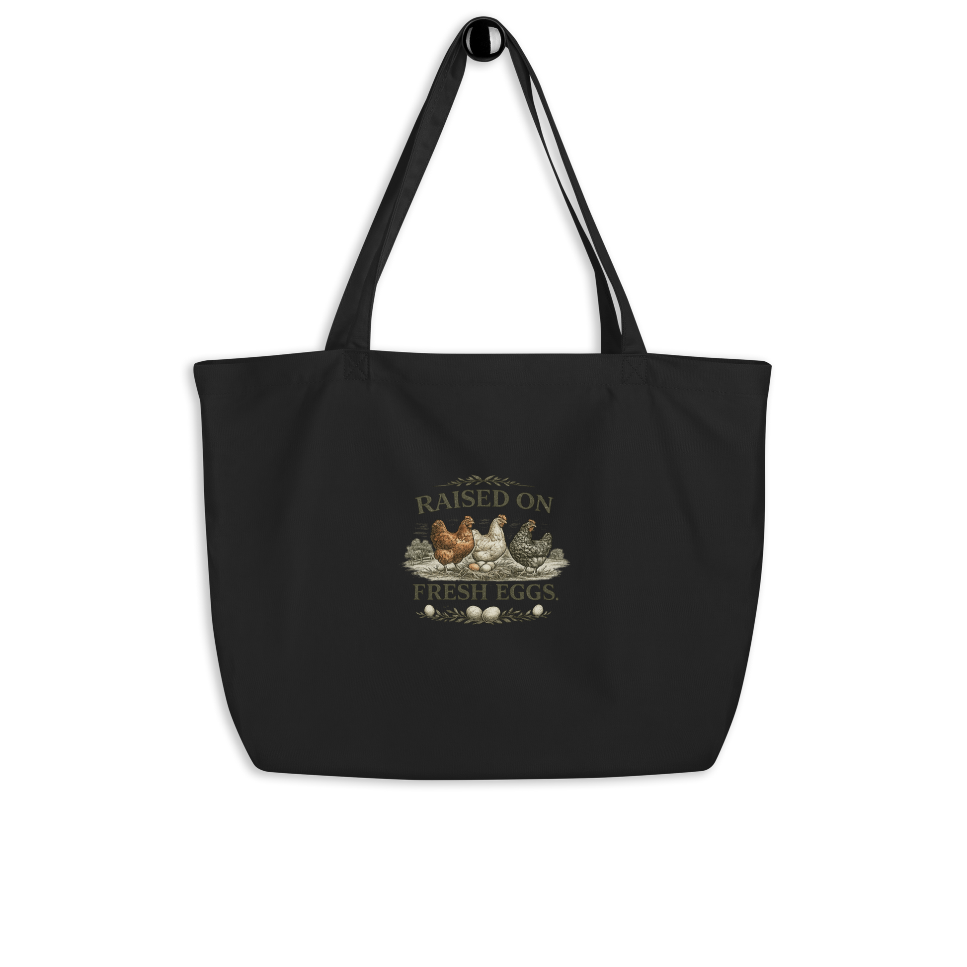 Raised on Fresh Eggs farmhouse market tote for chicken keepers and homesteaders
