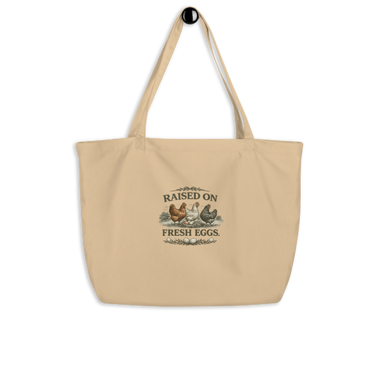 Raised on Fresh Eggs farmhouse market tote for chicken keepers and homesteaders