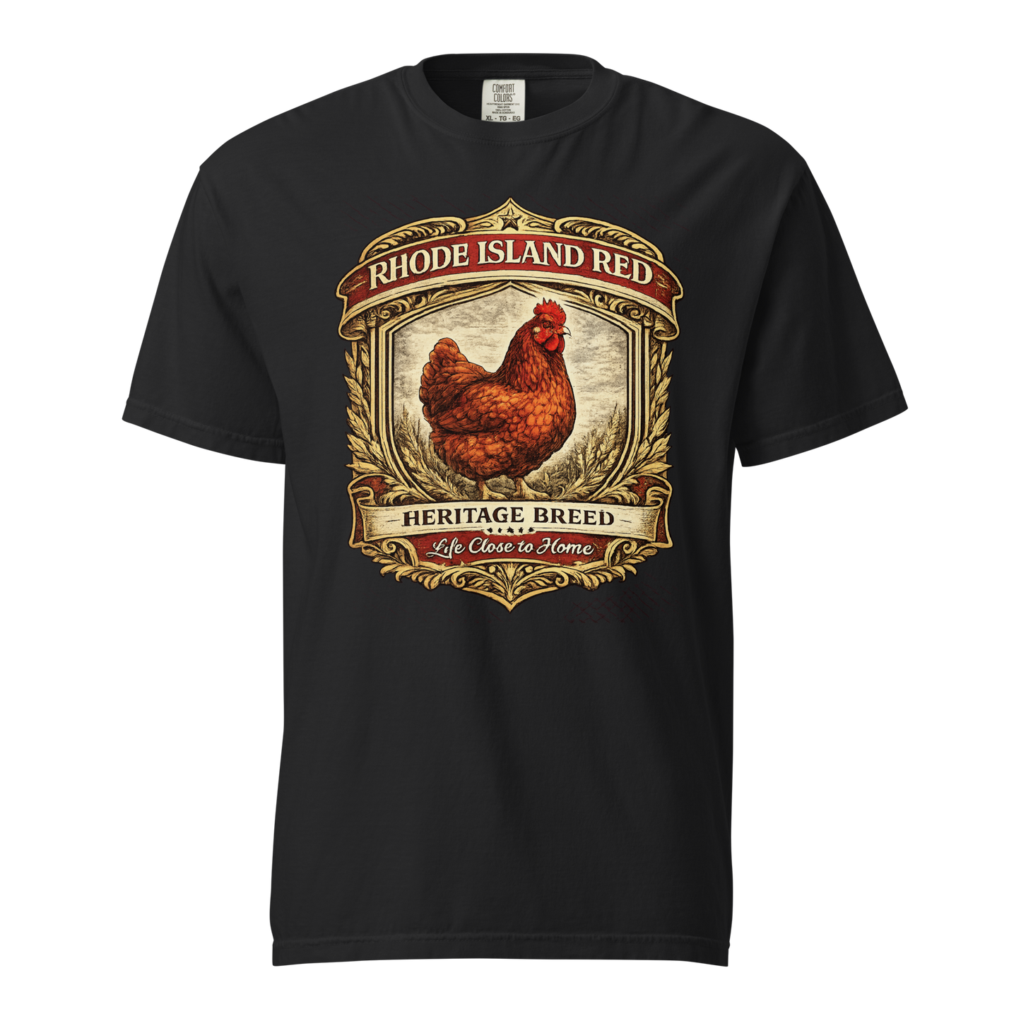 Rhode Island Red heritage breed chicken shirt featuring vintage farmhouse artwork for backyard chicken keepers and homesteaders