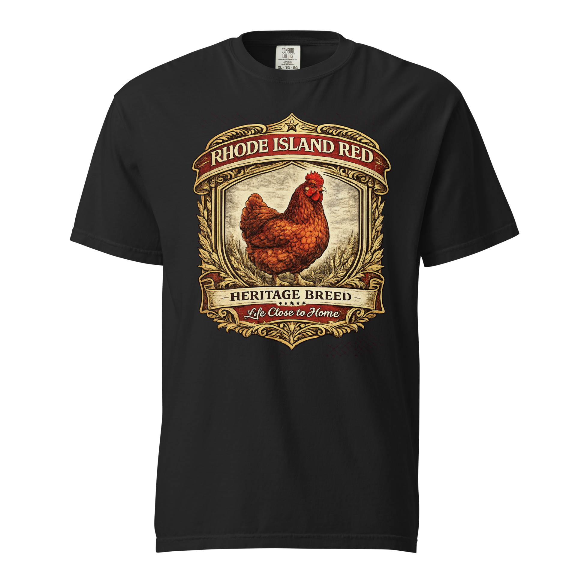 Rhode Island Red heritage breed chicken shirt featuring vintage farmhouse artwork for backyard chicken keepers and homesteaders