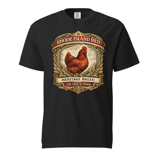 Rhode Island Red heritage breed chicken shirt featuring vintage farmhouse artwork for backyard chicken keepers and homesteaders